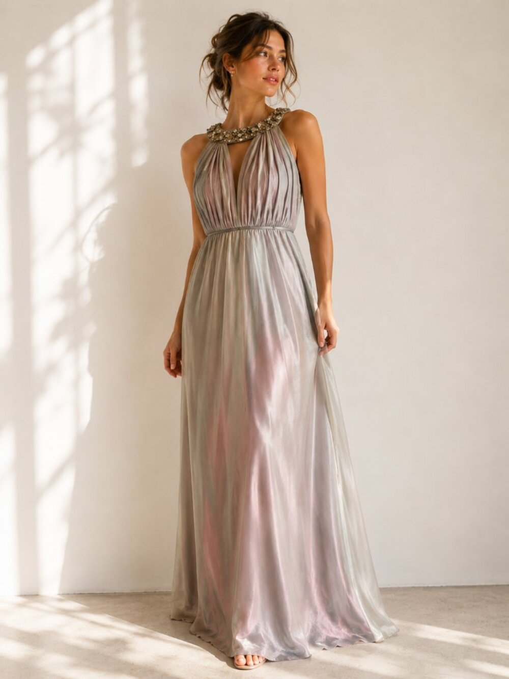 JS Collections Goddess Maxi Dress Size 12 Iridescent Beaded Halter Formal Gown